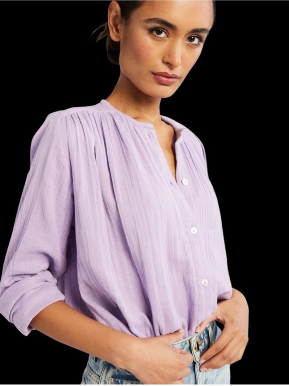 Women's Lavender Button-Front Blouse with Gathered Yoke